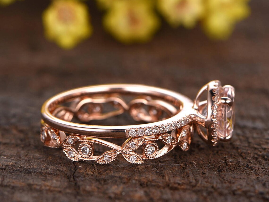 1.2 CT Round Cut Pink Morganite Rose Gold Over On 925 Sterling Silver Floral Wedding Bridal Ring Set
