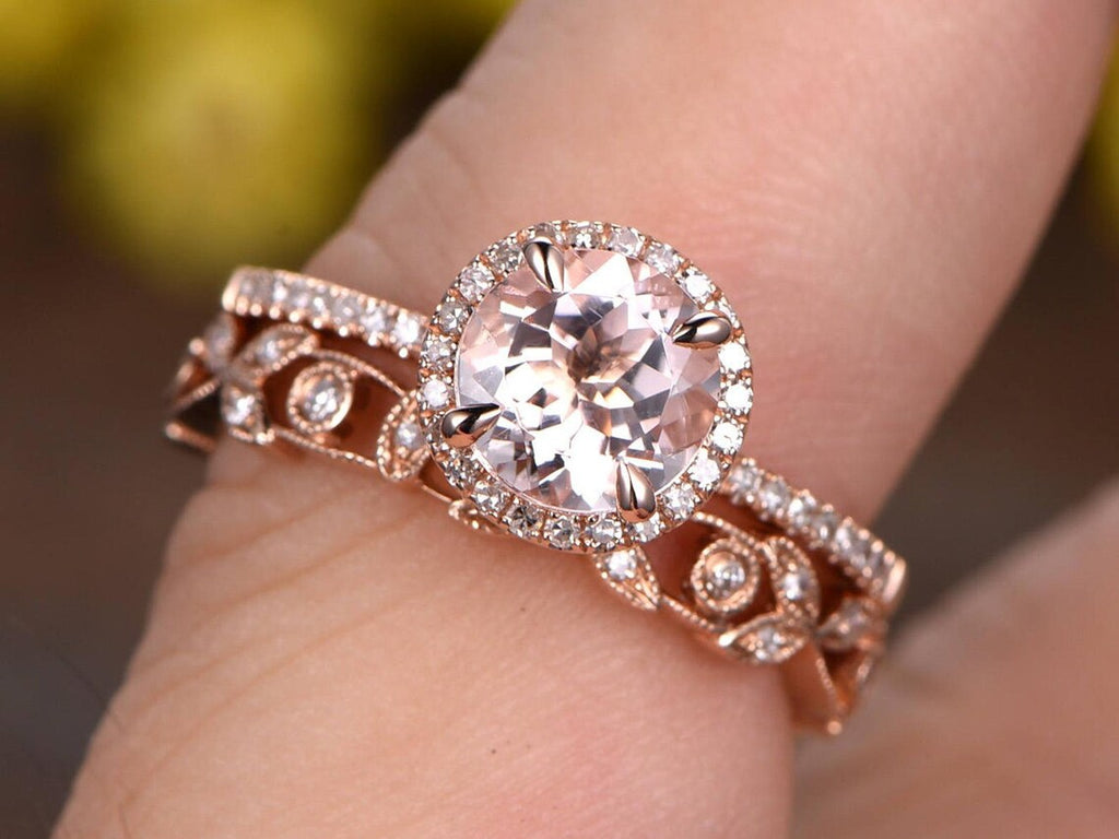 1.2 CT Round Cut Pink Morganite Rose Gold Over On 925 Sterling Silver Floral Wedding Bridal Ring Set