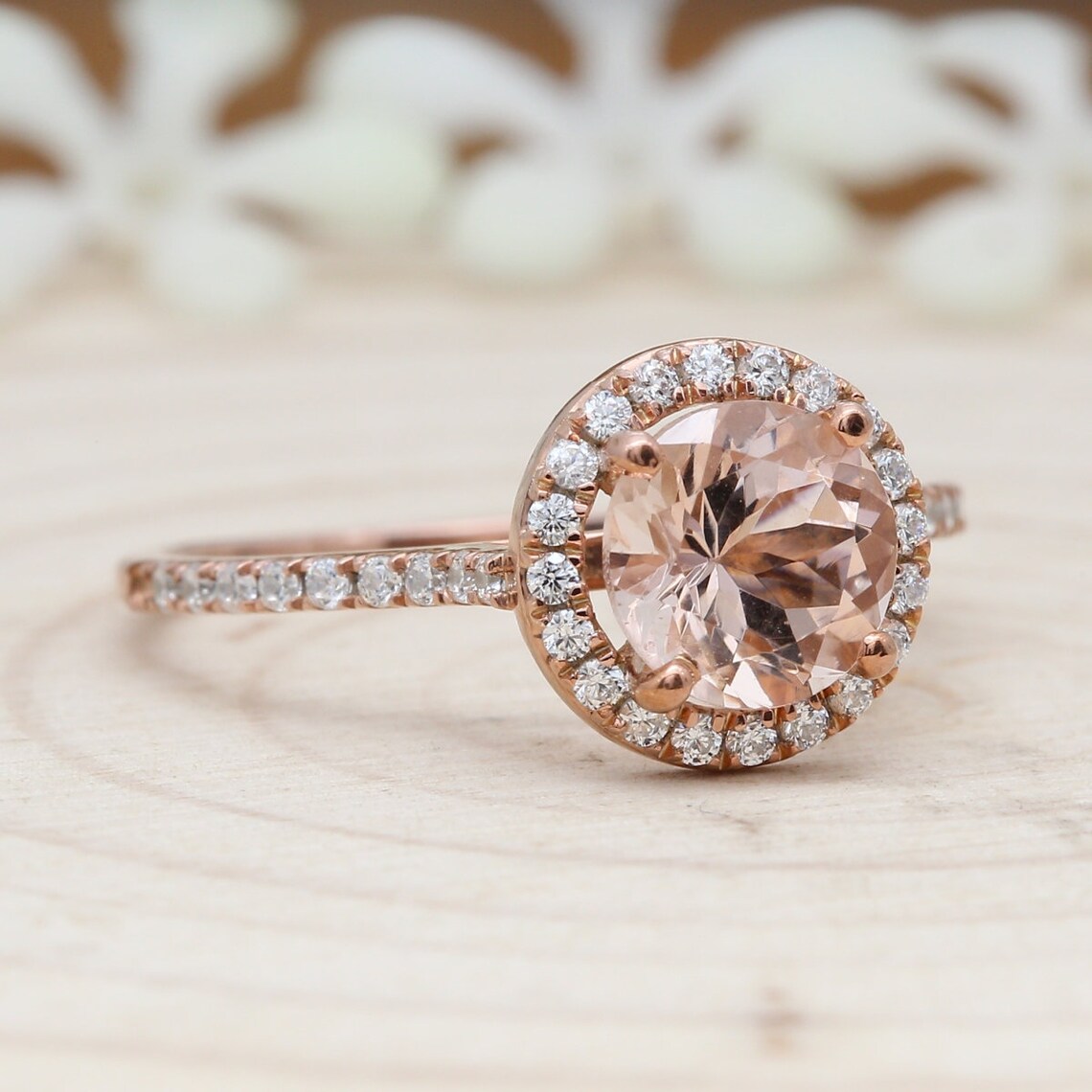 1 CT Round Cut Peach Morganite & CZ Diamond Rose Gold Over On 925 Sterling Silver Halo Engagement Ring - atjewels.in