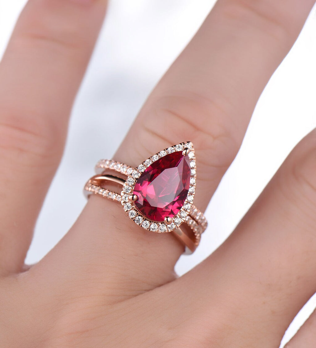 1 CT Pear Cut Red Ruby Rose Gold Over On 925 Sterling Silver Wedding Band Ring Set