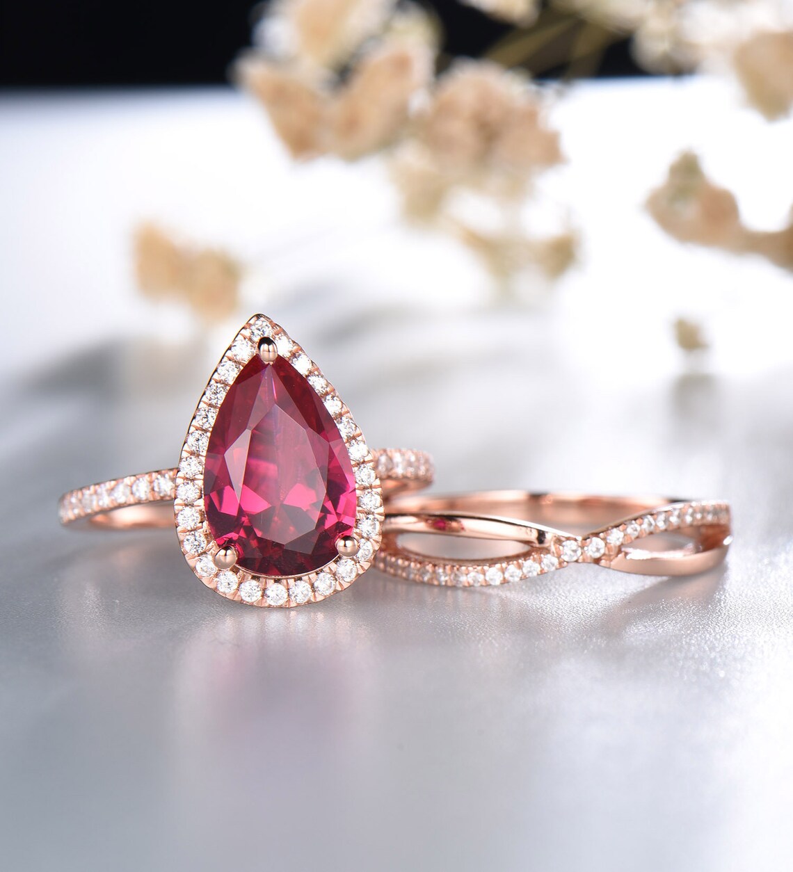 1 CT Pear Cut Red Ruby Rose Gold Over On 925 Sterling Silver Wedding Band Ring Set