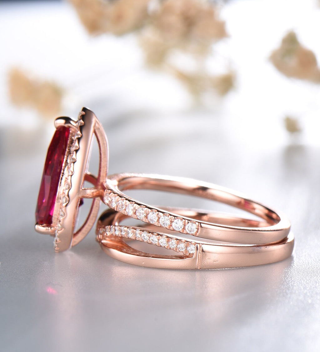 1 CT Pear Cut Red Ruby Rose Gold Over On 925 Sterling Silver Wedding Band Ring Set