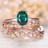 1 CT Oval Cut Green Emerald Rose Gold Over On 925 Sterling Silver Engagement Ring Set