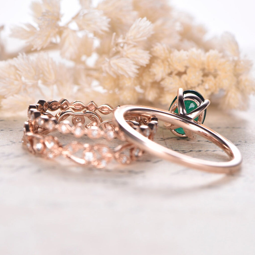 1 CT Oval Cut Green Emerald Rose Gold Over On 925 Sterling Silver Engagement Ring Set