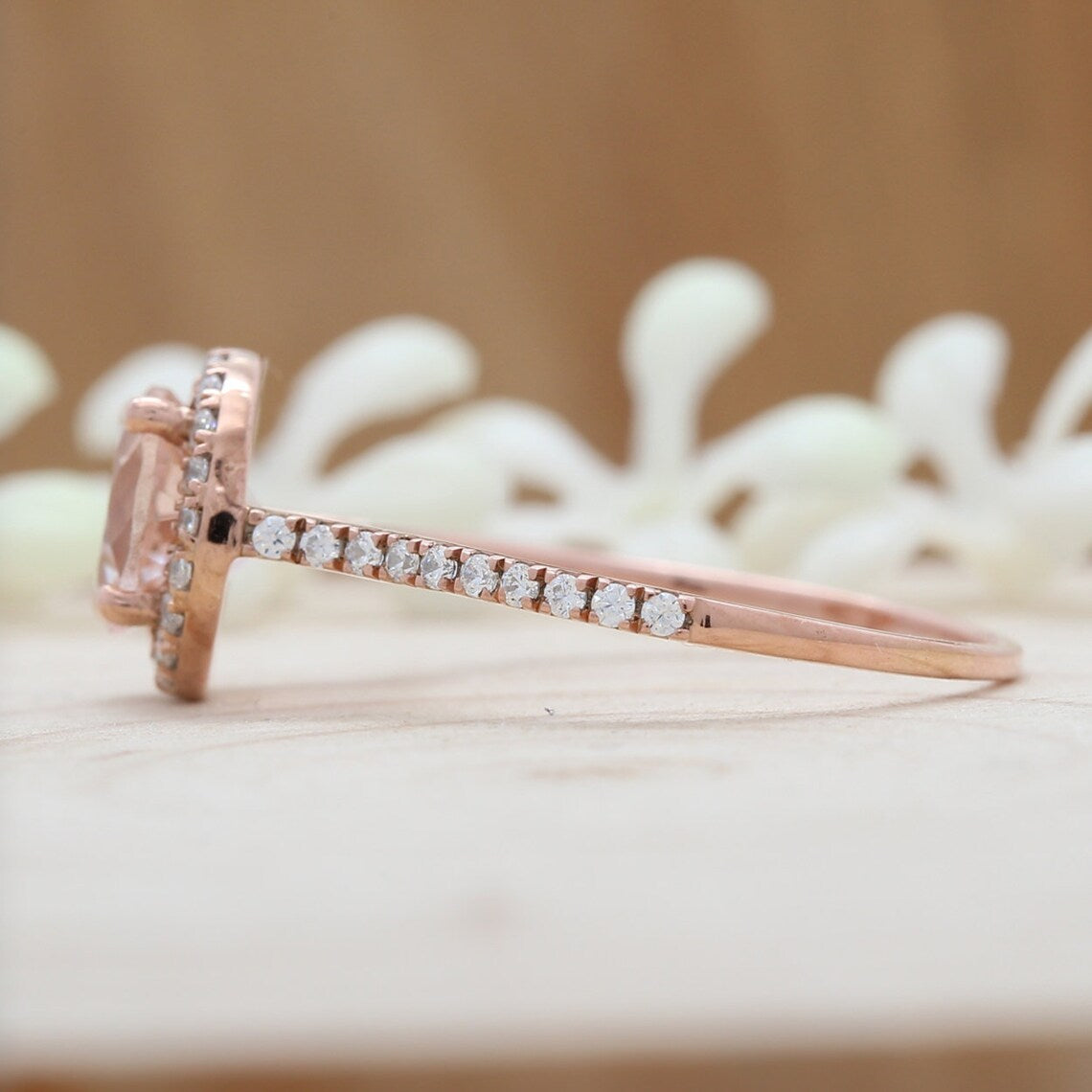 1 CT Round Cut Peach Morganite & CZ Diamond Rose Gold Over On 925 Sterling Silver Halo Engagement Ring - atjewels.in