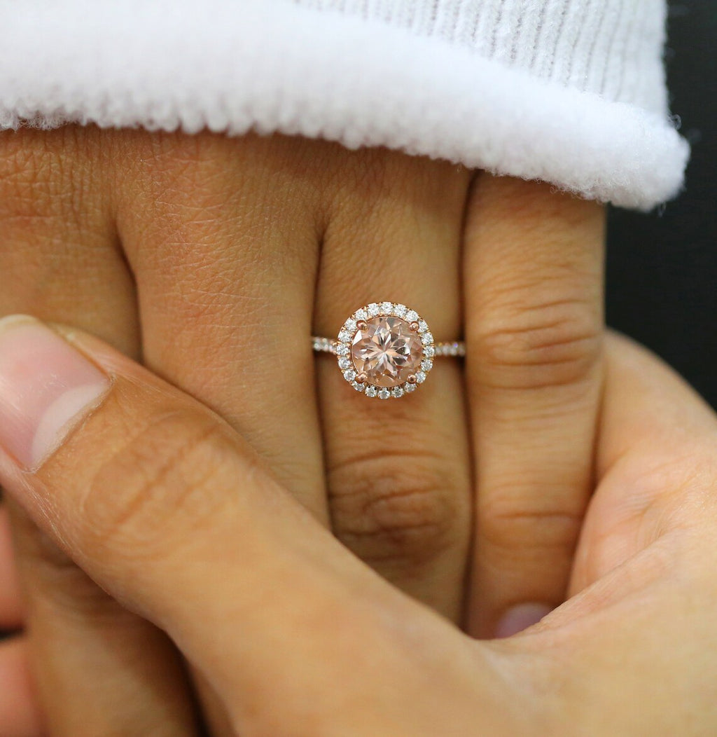 1 CT Round Cut Peach Morganite & CZ Diamond Rose Gold Over On 925 Sterling Silver Halo Engagement Ring