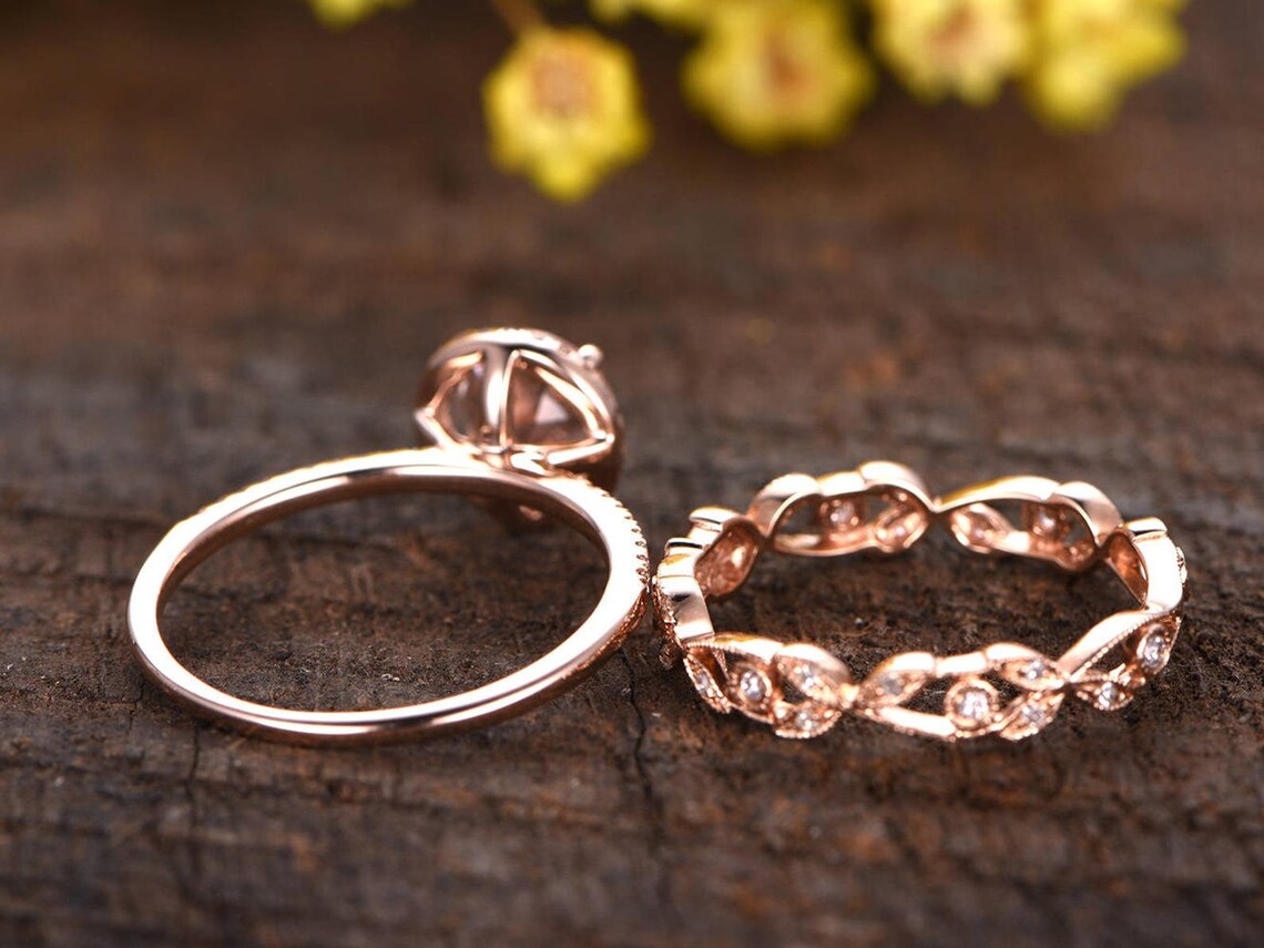 1.2 CT Round Cut Pink Morganite Rose Gold Over On 925 Sterling Silver Floral Wedding Bridal Ring Set