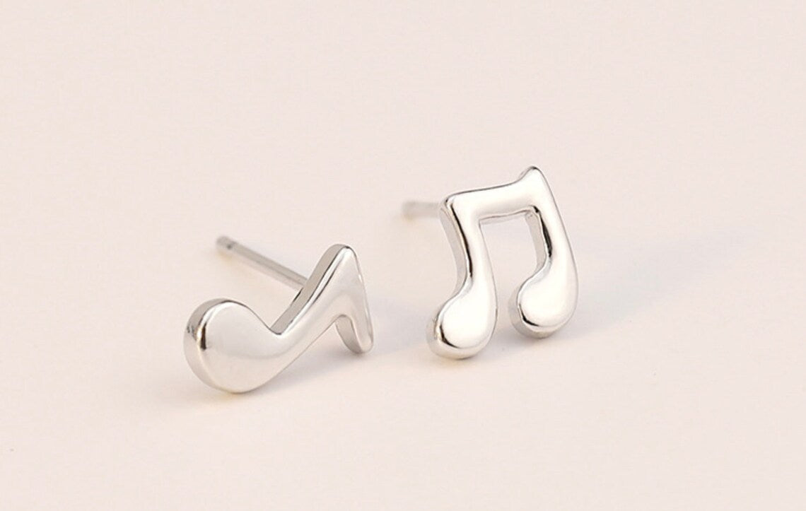 925 Sterling Silver Mismatched Asymmetric Music Symbol Unique Design Music Note Stud Earrings