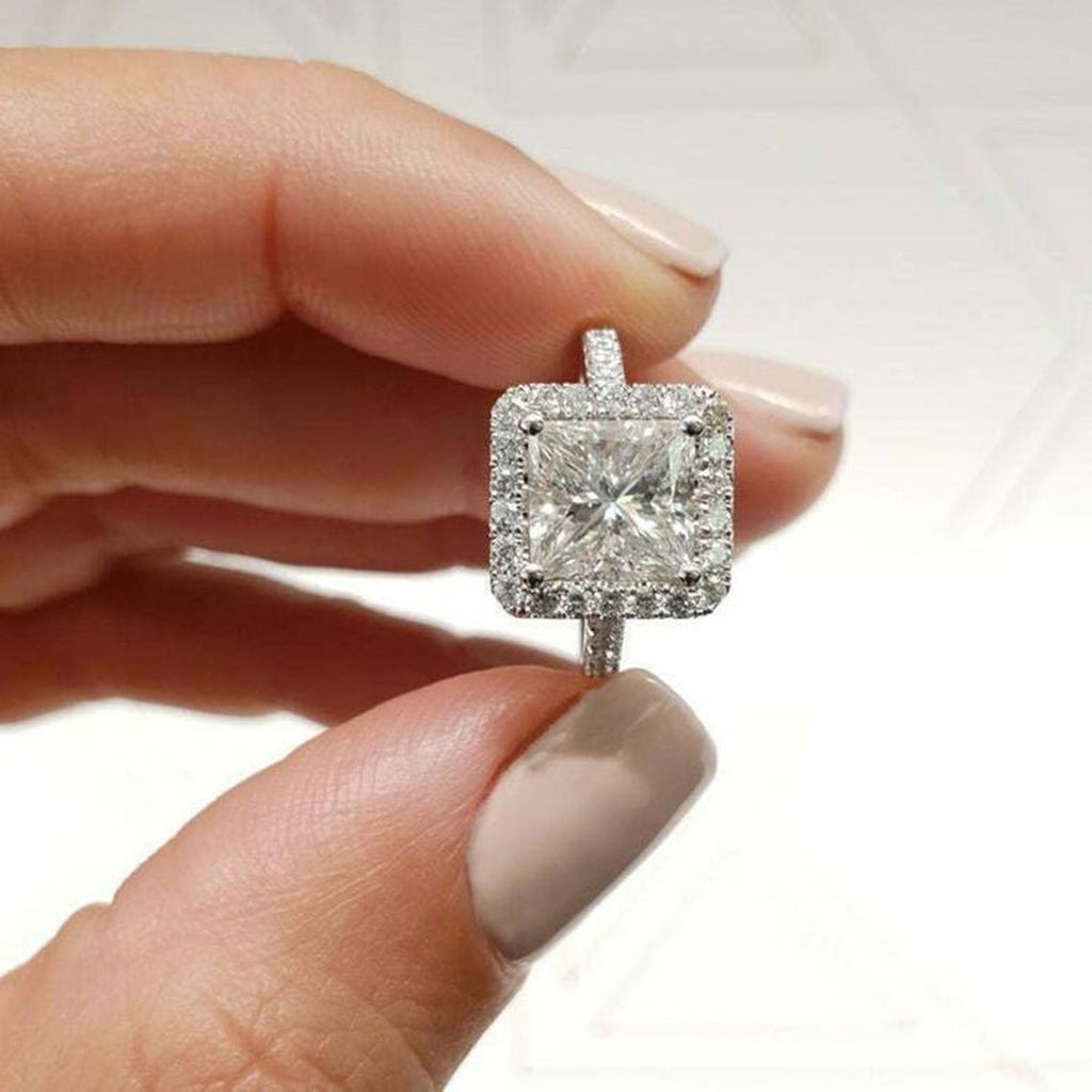 Silver Simulated Diamonds Double Halo Wedding Engagement Bridal Ring
