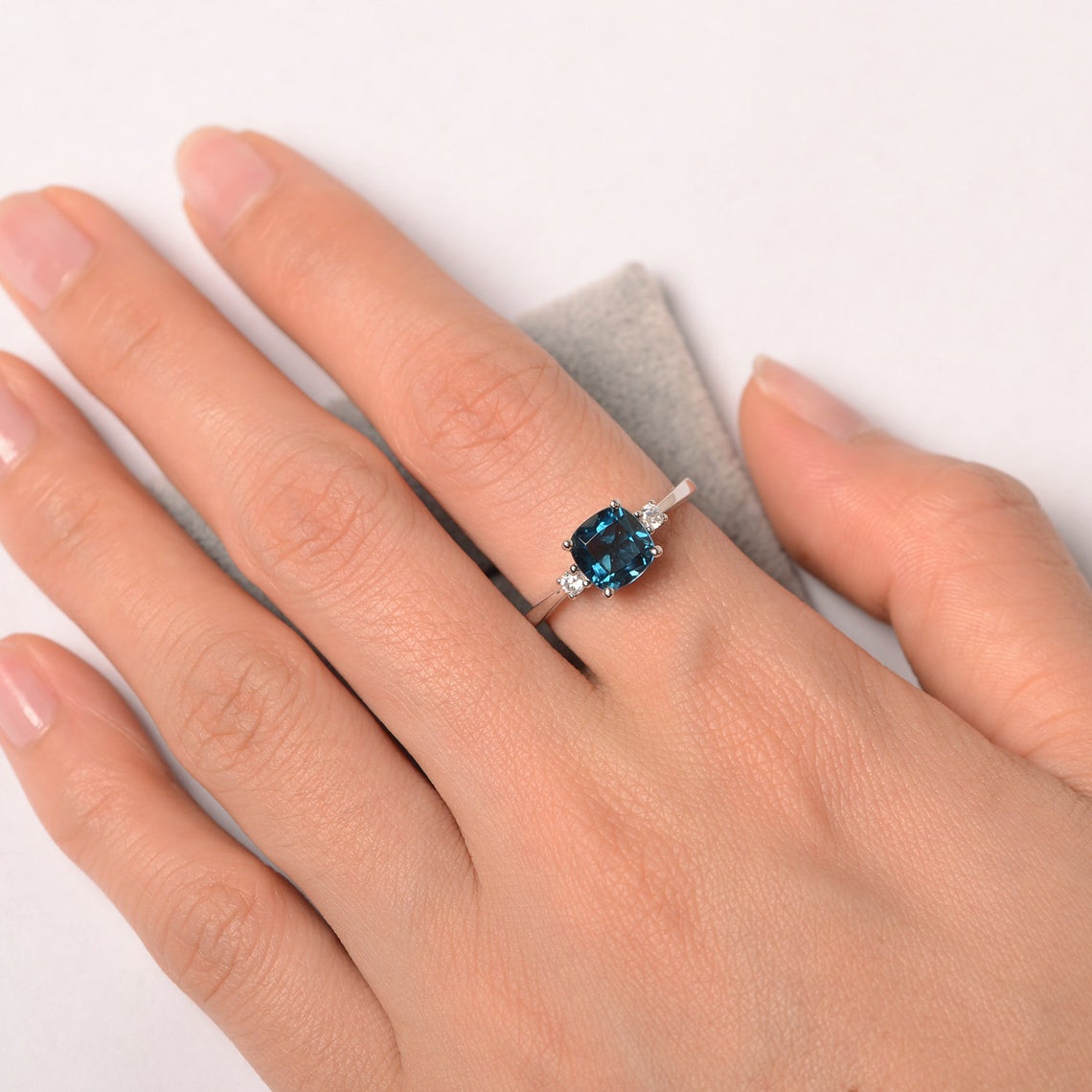2.10 Ct Cushion Cut London Blue Topaz Three-Stone Promise Gift Ring 925 Sterling Silver