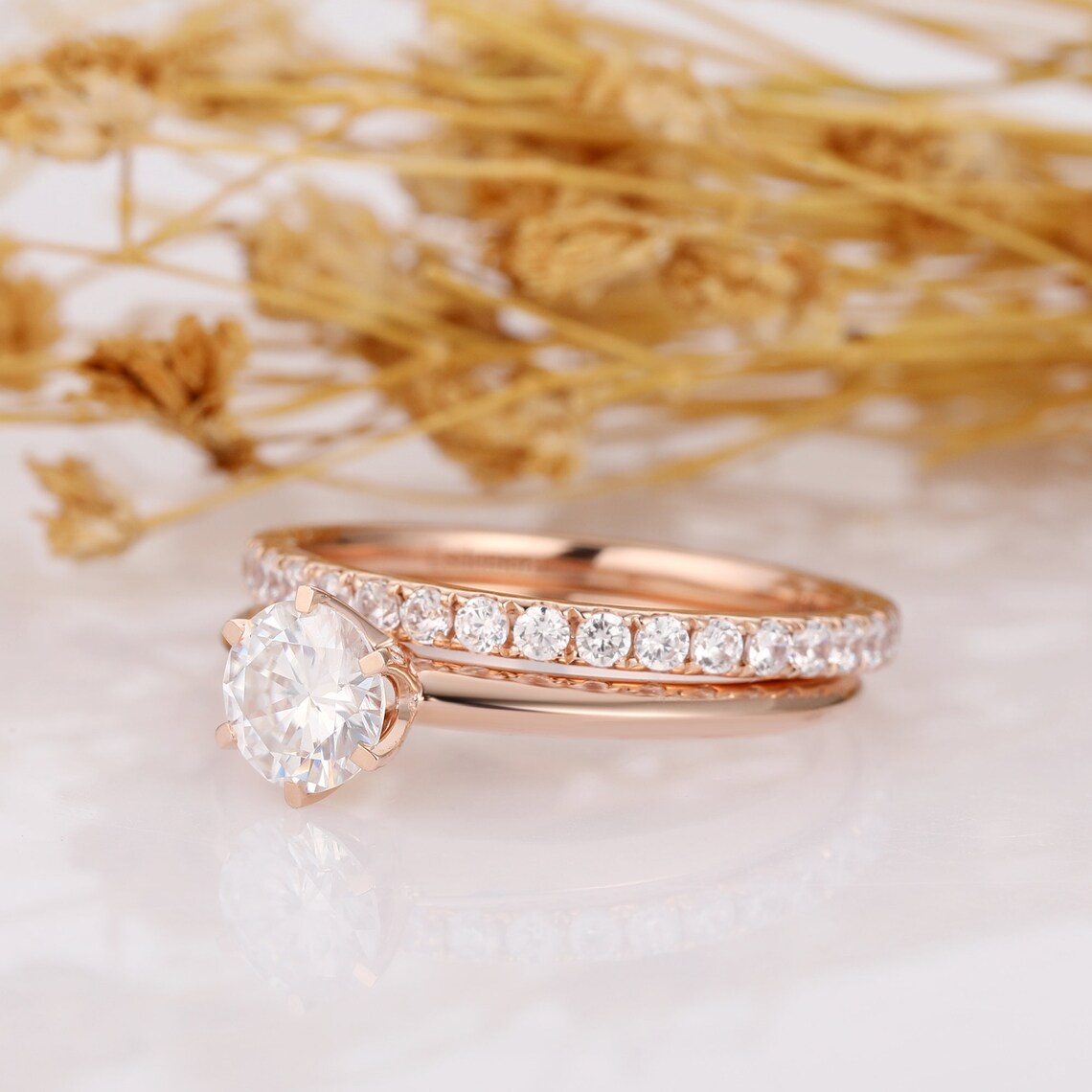 1 CT Round Cut Rose Gold Over On 925 Sterling Silver Wedding Bridal Ring Set