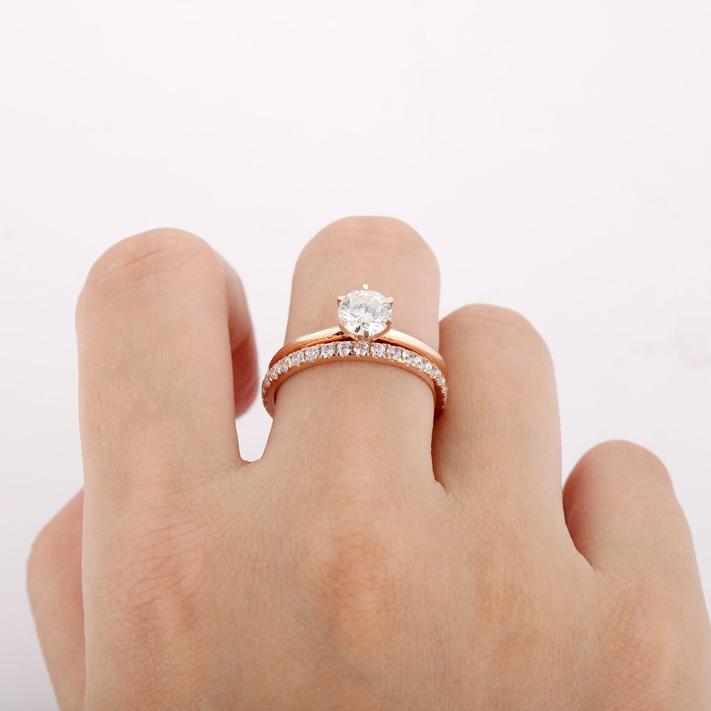 1 CT Round Cut Rose Gold Over On 925 Sterling Silver Wedding Bridal Ring Set