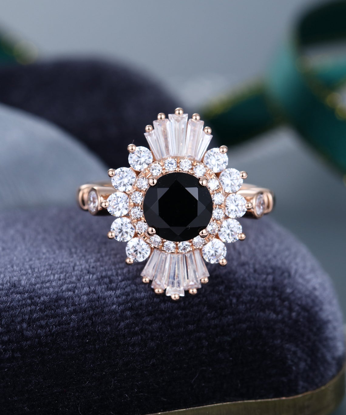 2 CT Round Cut Black Onyx Diamond 925 Sterling Silver Halo baguette Diamond / CZ Anniversary gift