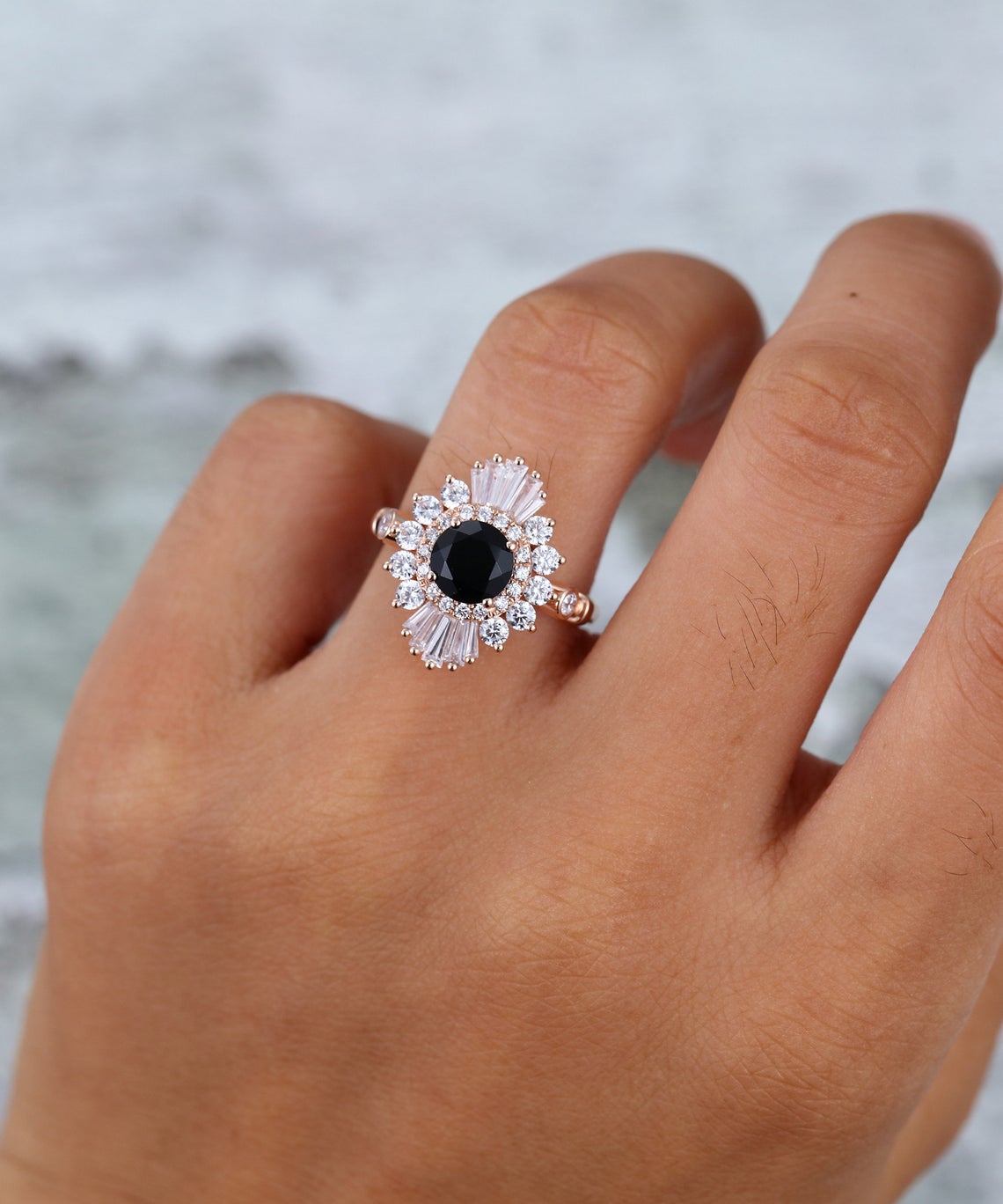 2 CT Round Cut Black Onyx Diamond 925 Sterling Silver Halo baguette Diamond / CZ Anniversary gift