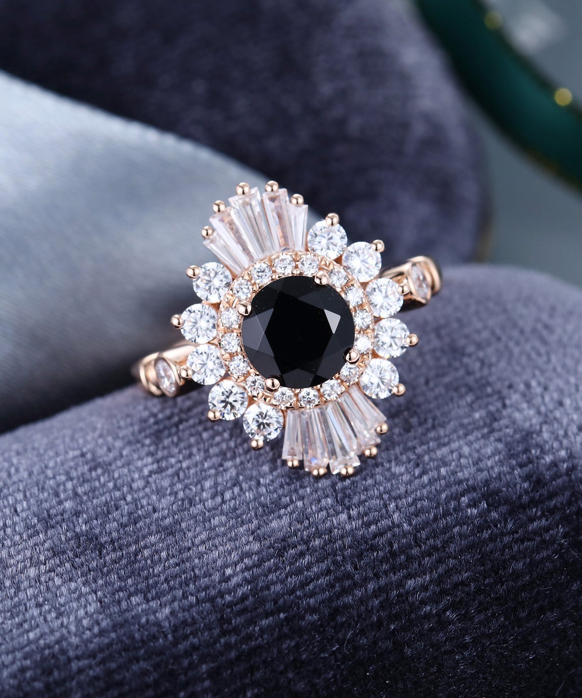 2 CT Round Cut Black Onyx Diamond 925 Sterling Silver Halo baguette Diamond / CZ Anniversary gift