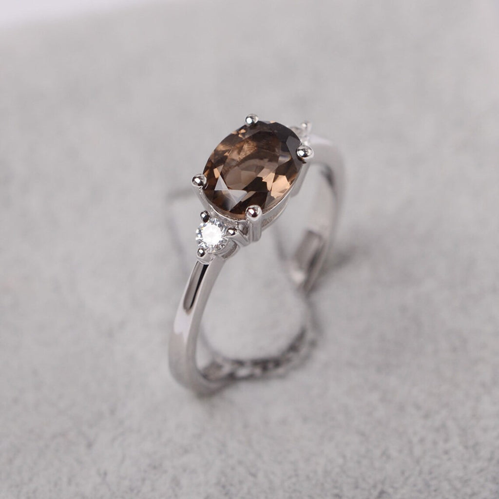 1.20 Ct Oval Cut Smoky Quartz 925 Sterling Silver Three-Stone Anniversary Gift Ring