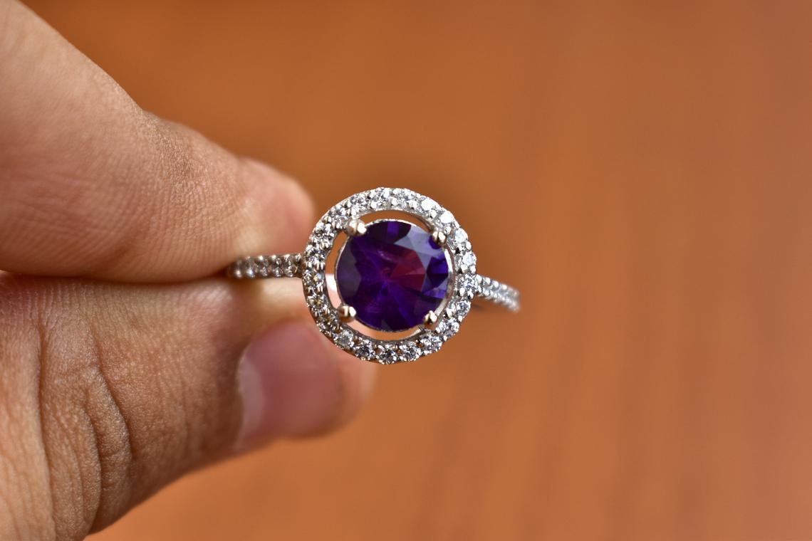 1 CT Round Cut Amethyst Diamond 925 Sterling Silver Halo Wedding Ring Gift For Her