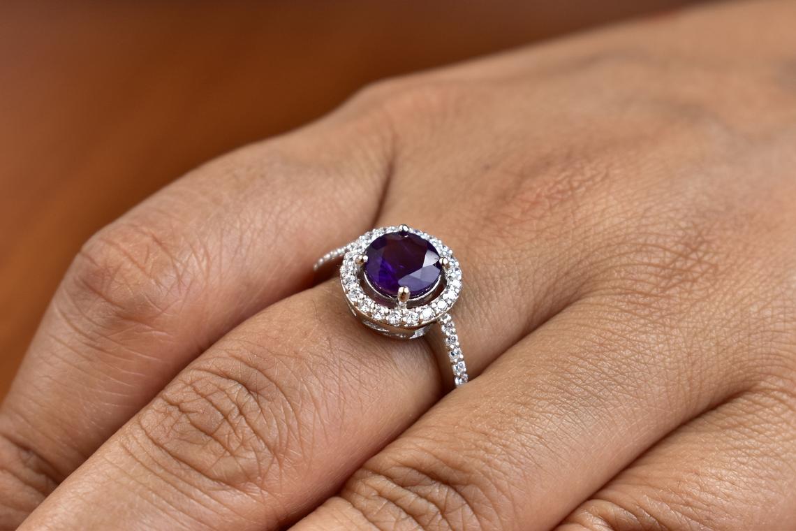 1 CT Round Cut Amethyst Diamond 925 Sterling Silver Halo Wedding Ring Gift For Her