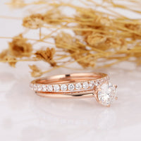 1 CT Round Cut Rose Gold Over On 925 Sterling Silver Wedding Bridal Ring Set