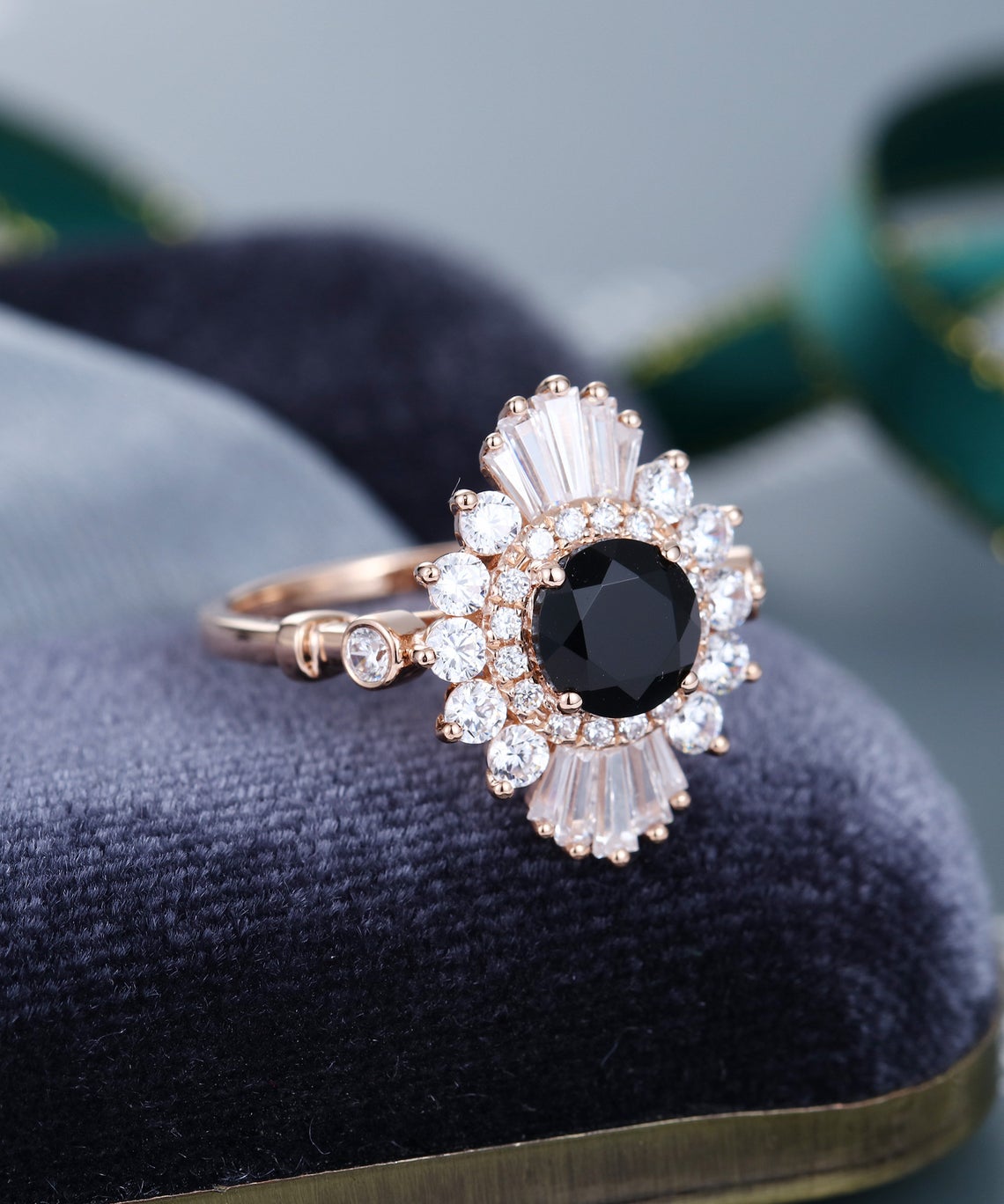 2 CT Round Cut Black Onyx Diamond 925 Sterling Silver Halo baguette Diamond / CZ Anniversary gift