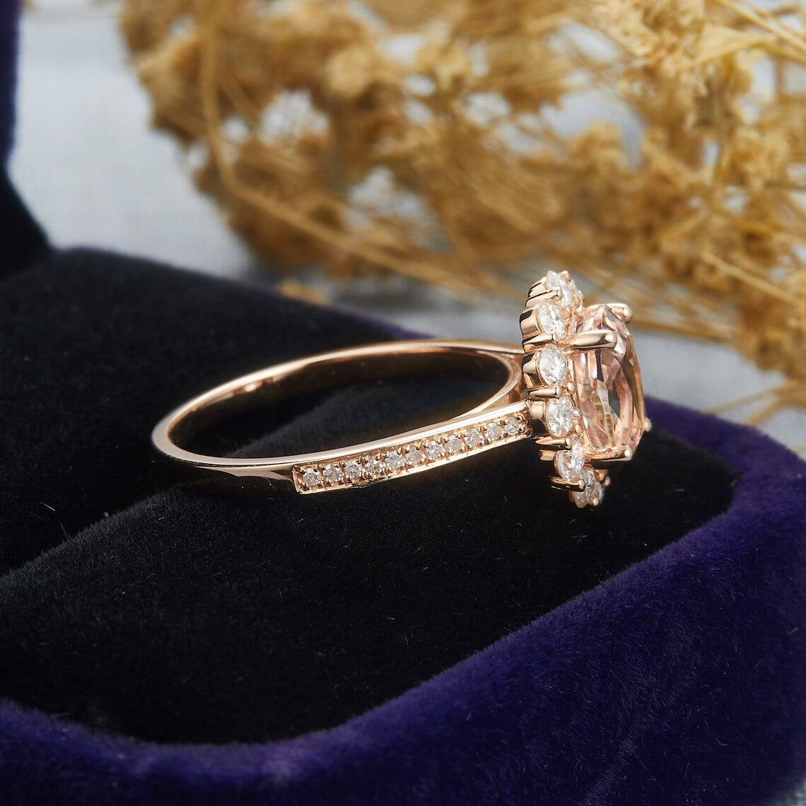 1 CT Oval Pink Morganite & CZ Diamond Rose Gold Over On 925 Sterling Silver Halo Anniversary Ring
