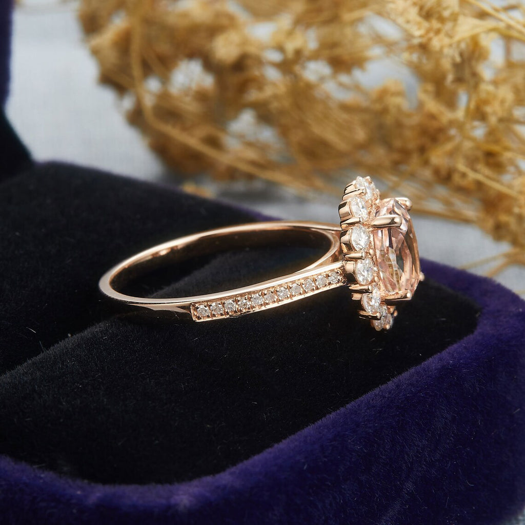 1 CT Oval Pink Morganite & CZ Diamond Rose Gold Over On 925 Sterling Silver Halo Anniversary Ring
