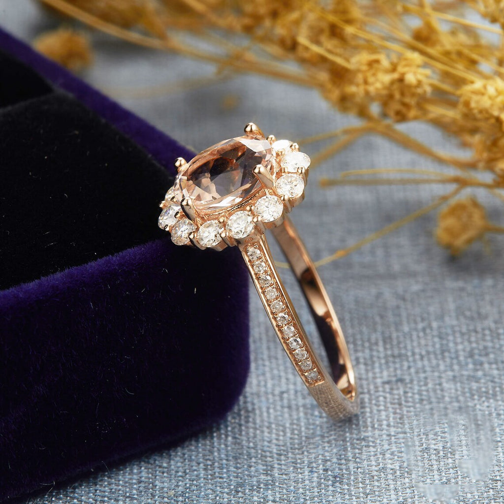1 CT Oval Pink Morganite & CZ Diamond Rose Gold Over On 925 Sterling Silver Halo Anniversary Ring