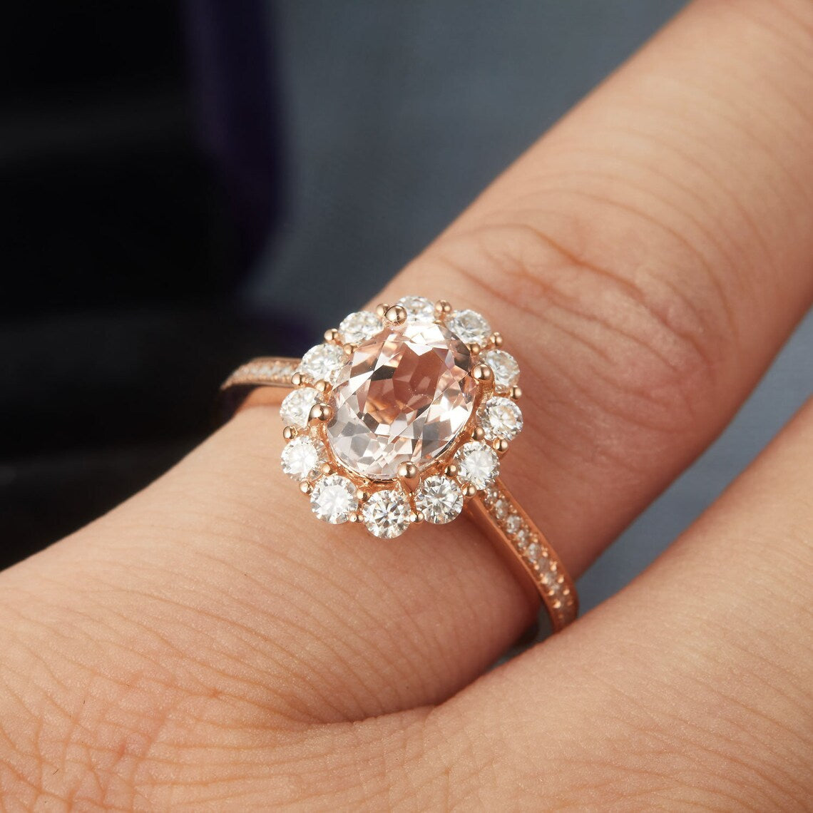 1 CT Oval Pink Morganite & CZ Diamond Rose Gold Over On 925 Sterling Silver Halo Anniversary Ring
