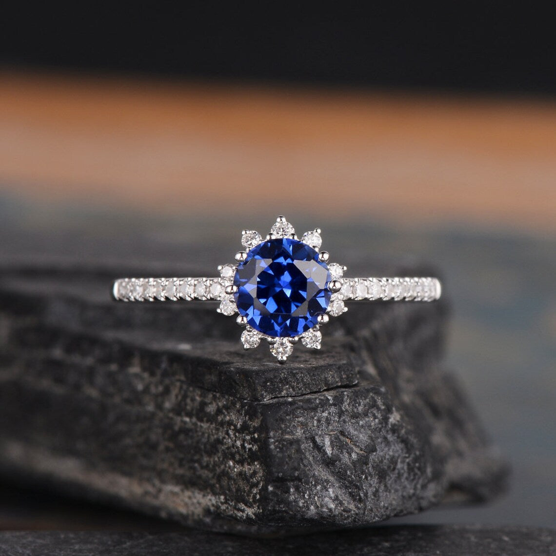 1.90 Ct Round Cut Blue Sapphire 925 Sterling Silver Halo Floral Engagement Ring