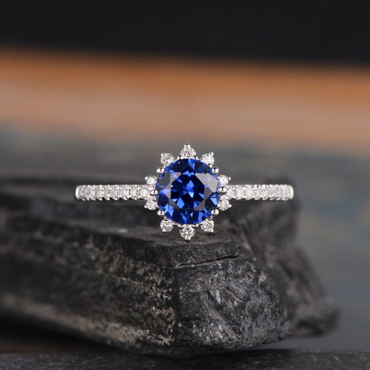1.90 Ct Round Cut Blue Sapphire 925 Sterling Silver Halo Floral Engagement Ring