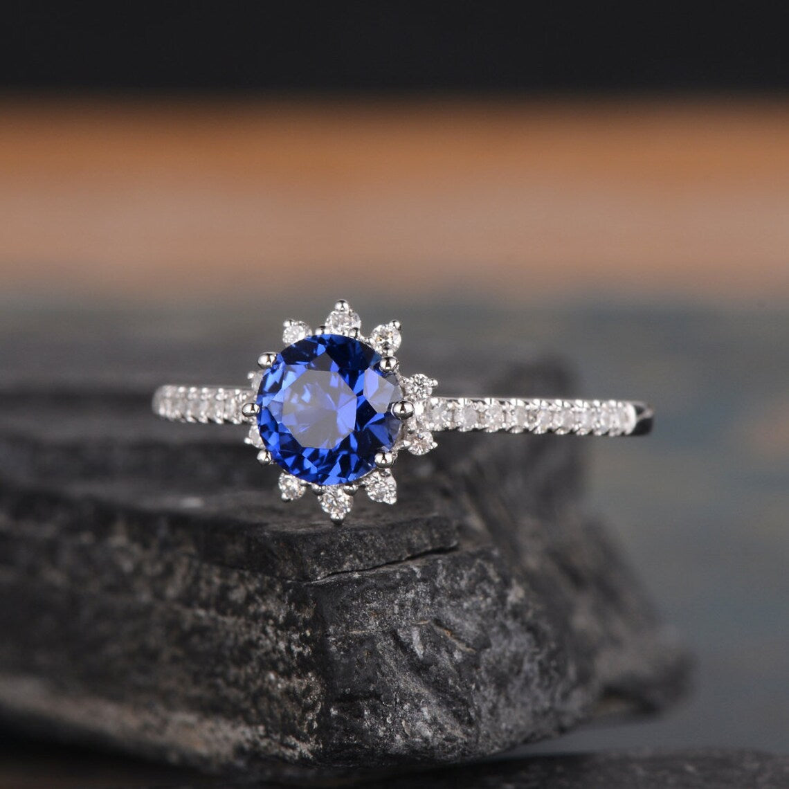 1.90 Ct Round Cut Blue Sapphire 925 Sterling Silver Halo Floral Engagement Ring