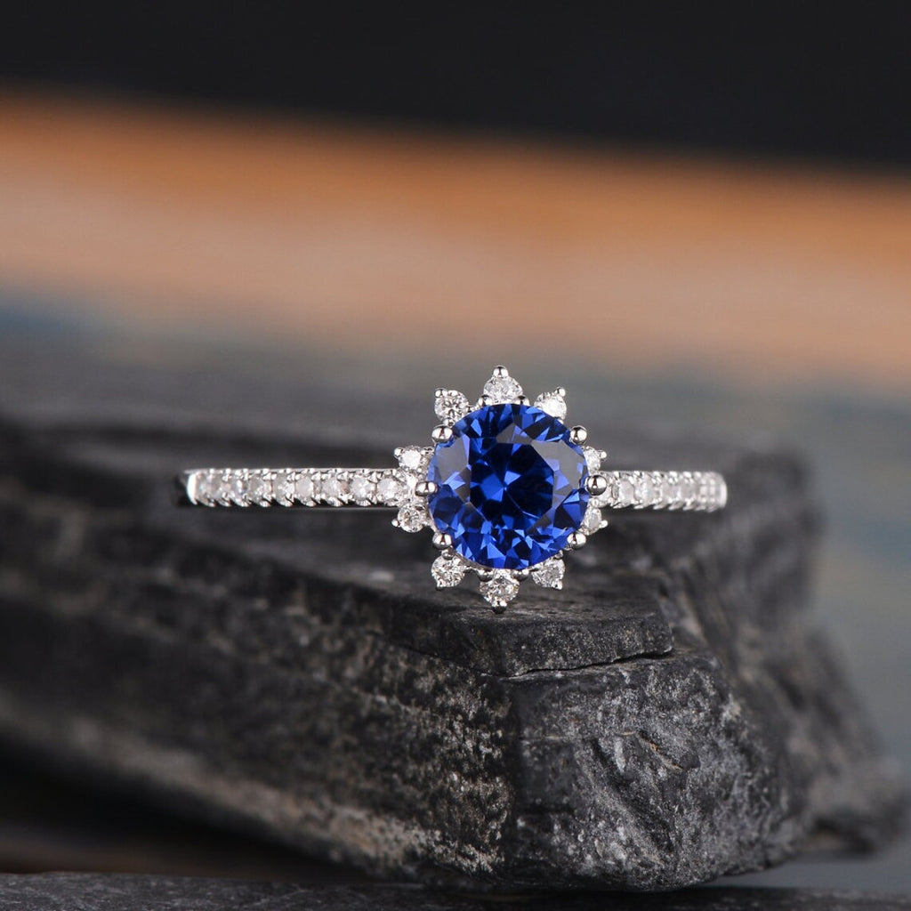 1.90 Ct Round Cut Blue Sapphire 925 Sterling Silver Halo Floral Engagement Ring