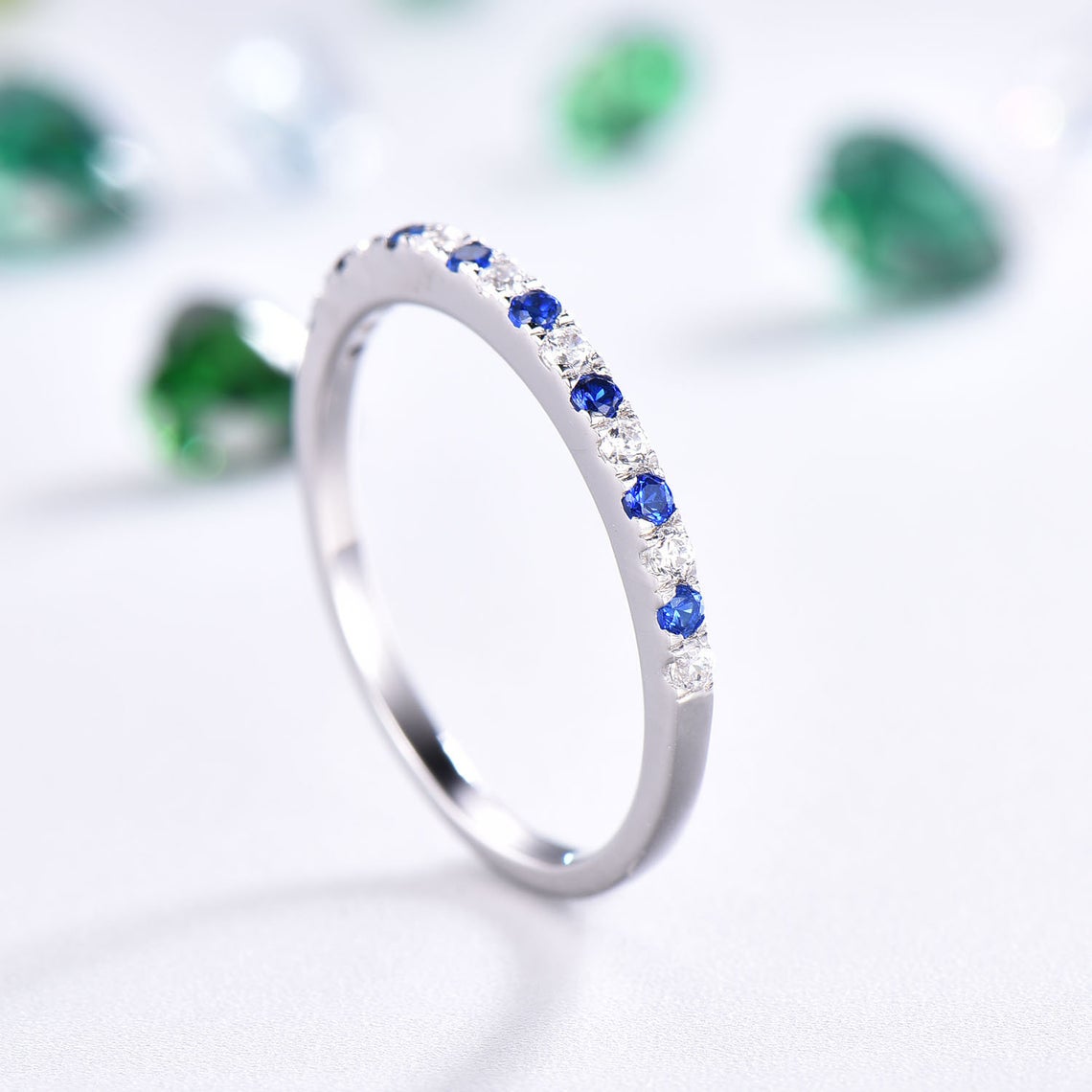 1.20 Ct Round Cut Blue Sapphire & White CZ Half Eternity Engagement Band Ring In 925 Sterling Silver