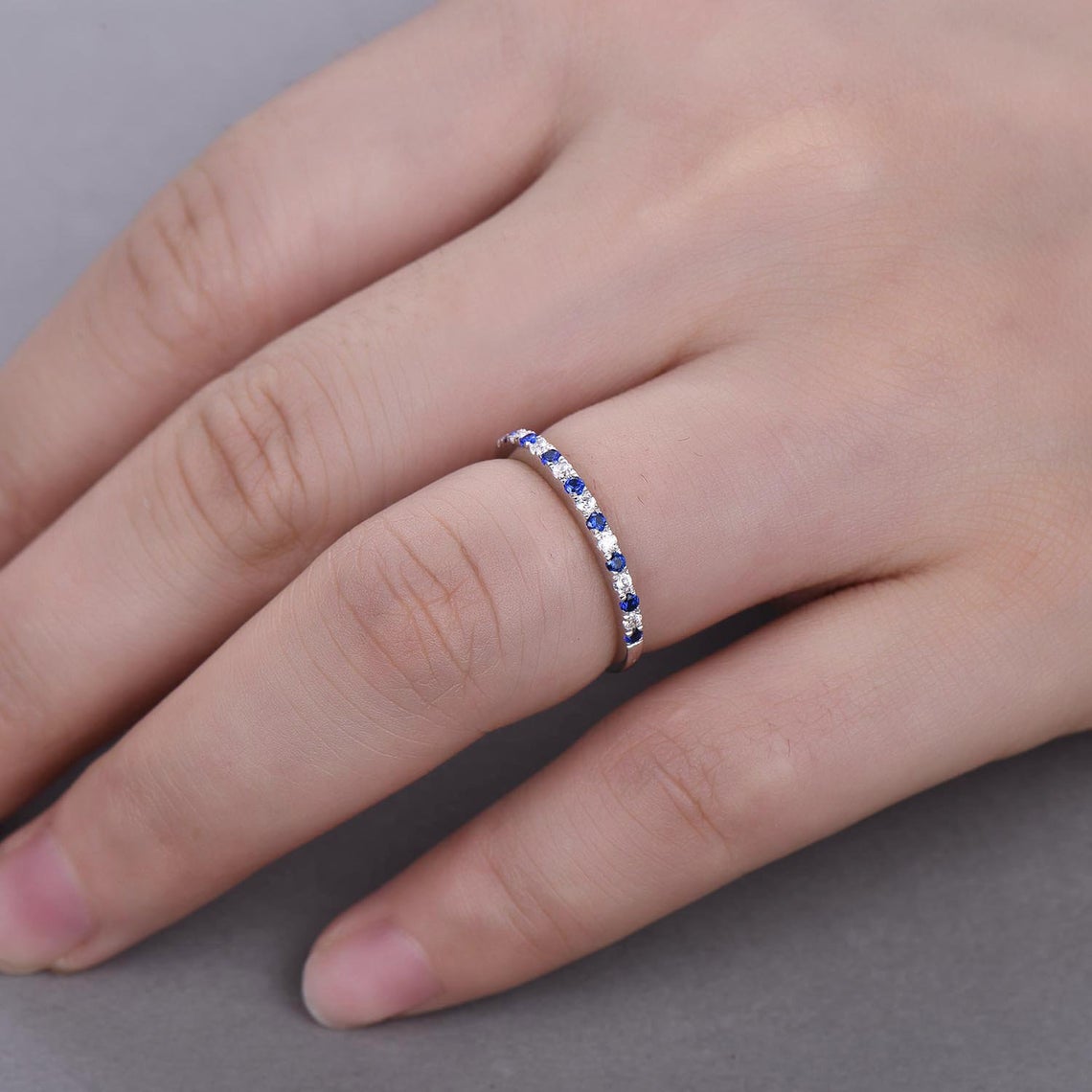 1.20 Ct Round Cut Blue Sapphire & White CZ Half Eternity Engagement Band Ring In 925 Sterling Silver