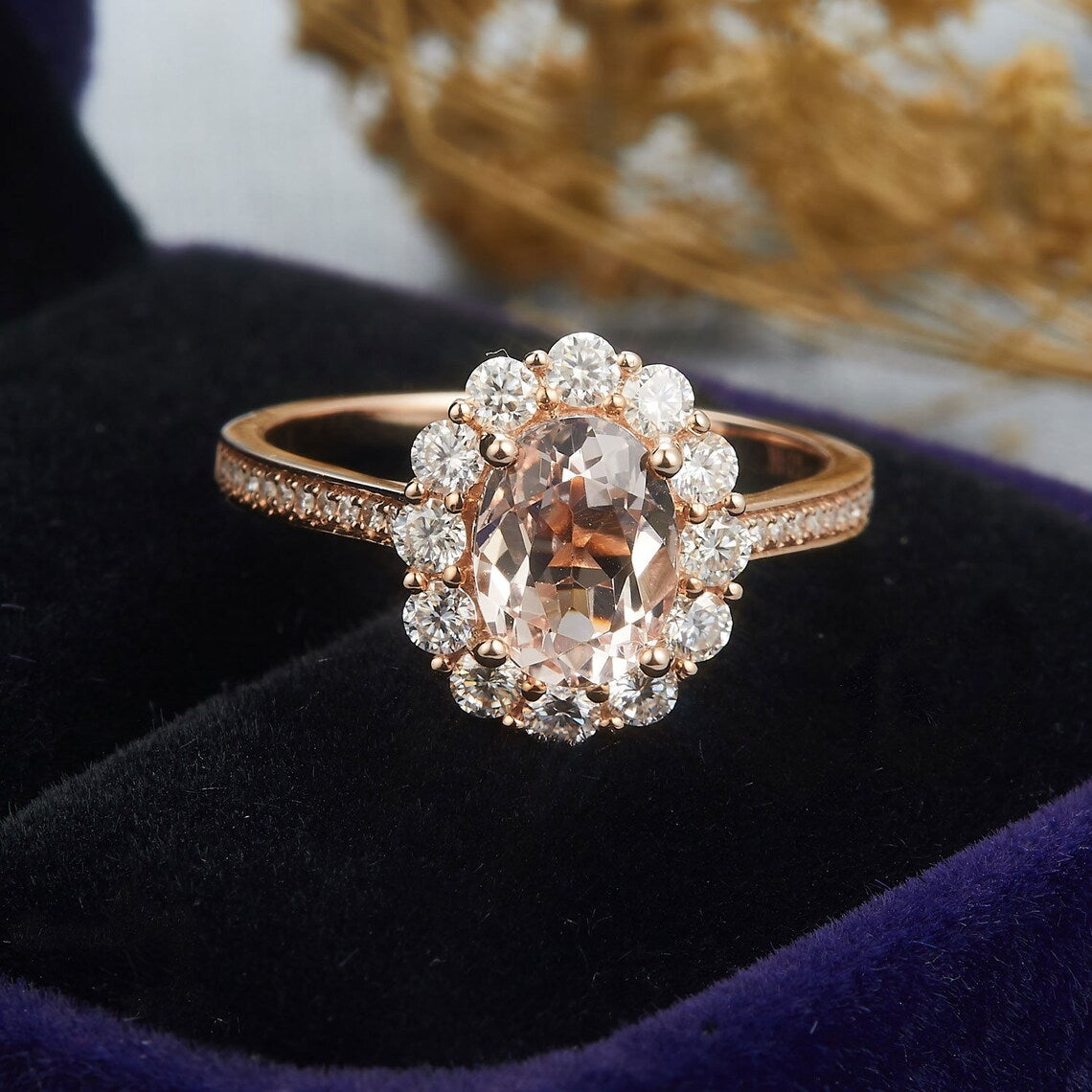 1 CT Oval Pink Morganite & CZ Diamond Rose Gold Over On 925 Sterling Silver Halo Anniversary Ring