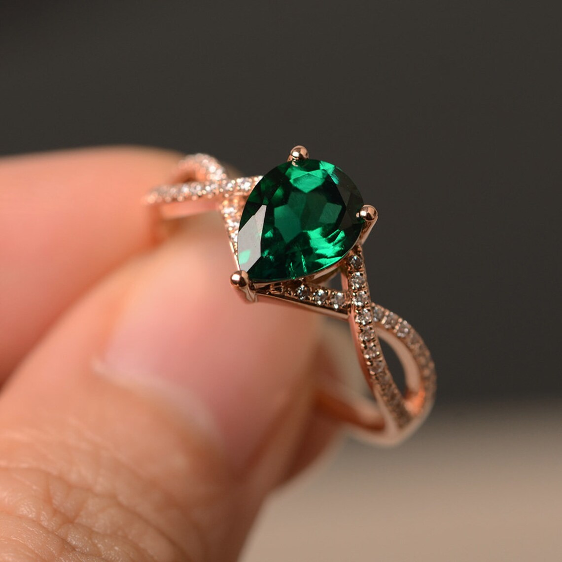 2.10 Ct Pear Cut Green Emerald Rose Gold Over On 925 Sterling Silver Infinity Anniversary Ring
