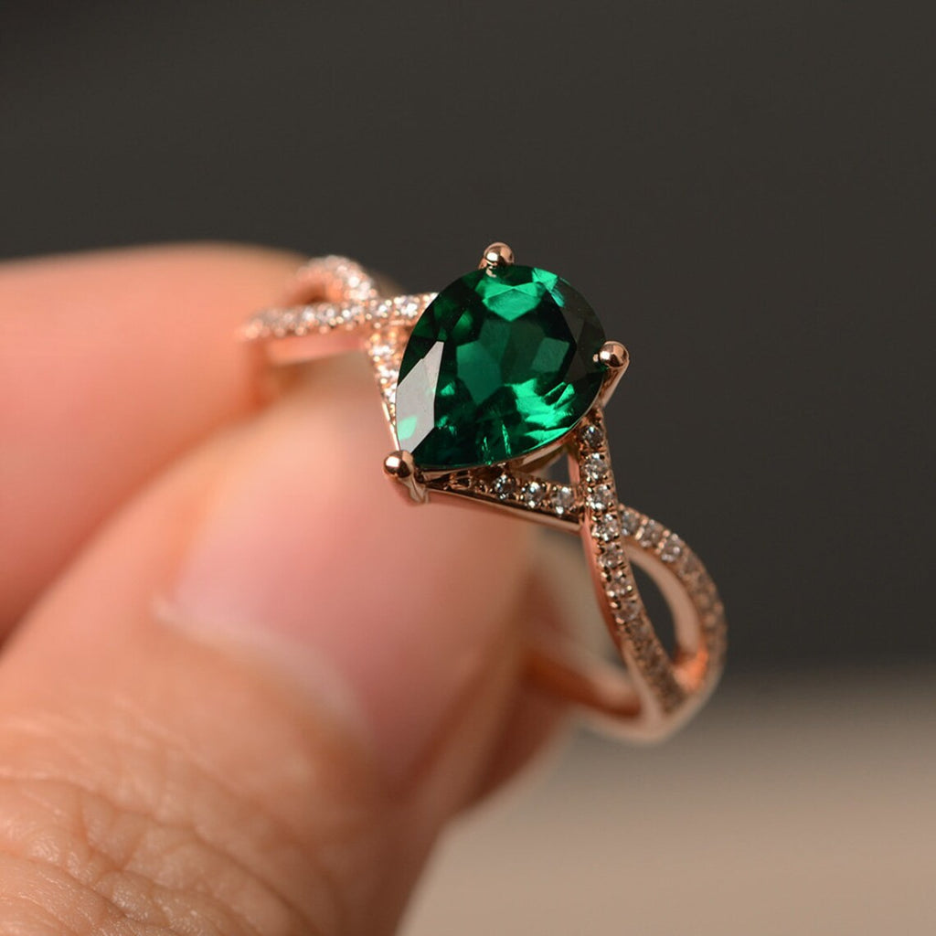 2.10 Ct Pear Cut Green Emerald Rose Gold Over On 925 Sterling Silver Infinity Anniversary Ring