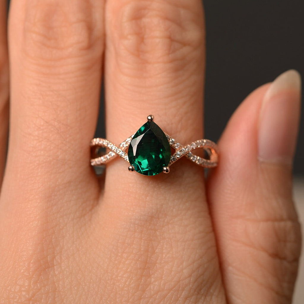 2.10 Ct Pear Cut Green Emerald Rose Gold Over On 925 Sterling Silver Infinity Anniversary Ring