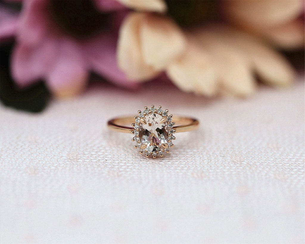 1 CT Oval Cut Morganite Diamond Yellow Gold Over On 925 Sterling Silver Halo Engagement Ring