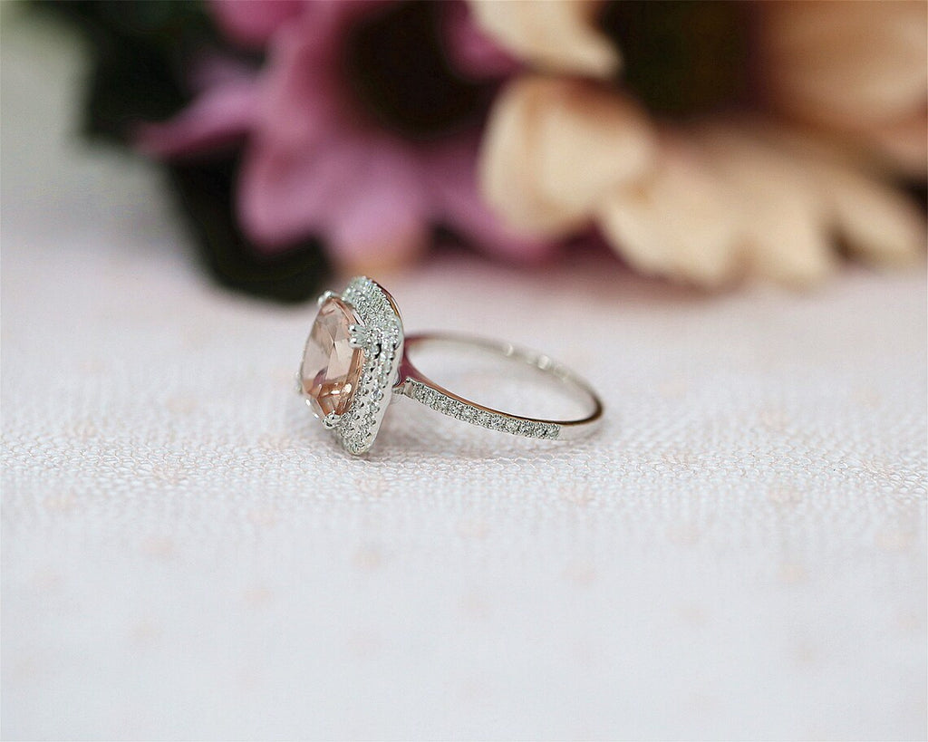 3.10 Ct Cushion Cut Peach Morganite 925 Sterling Silver Double Halo Engagement Wedding Ring