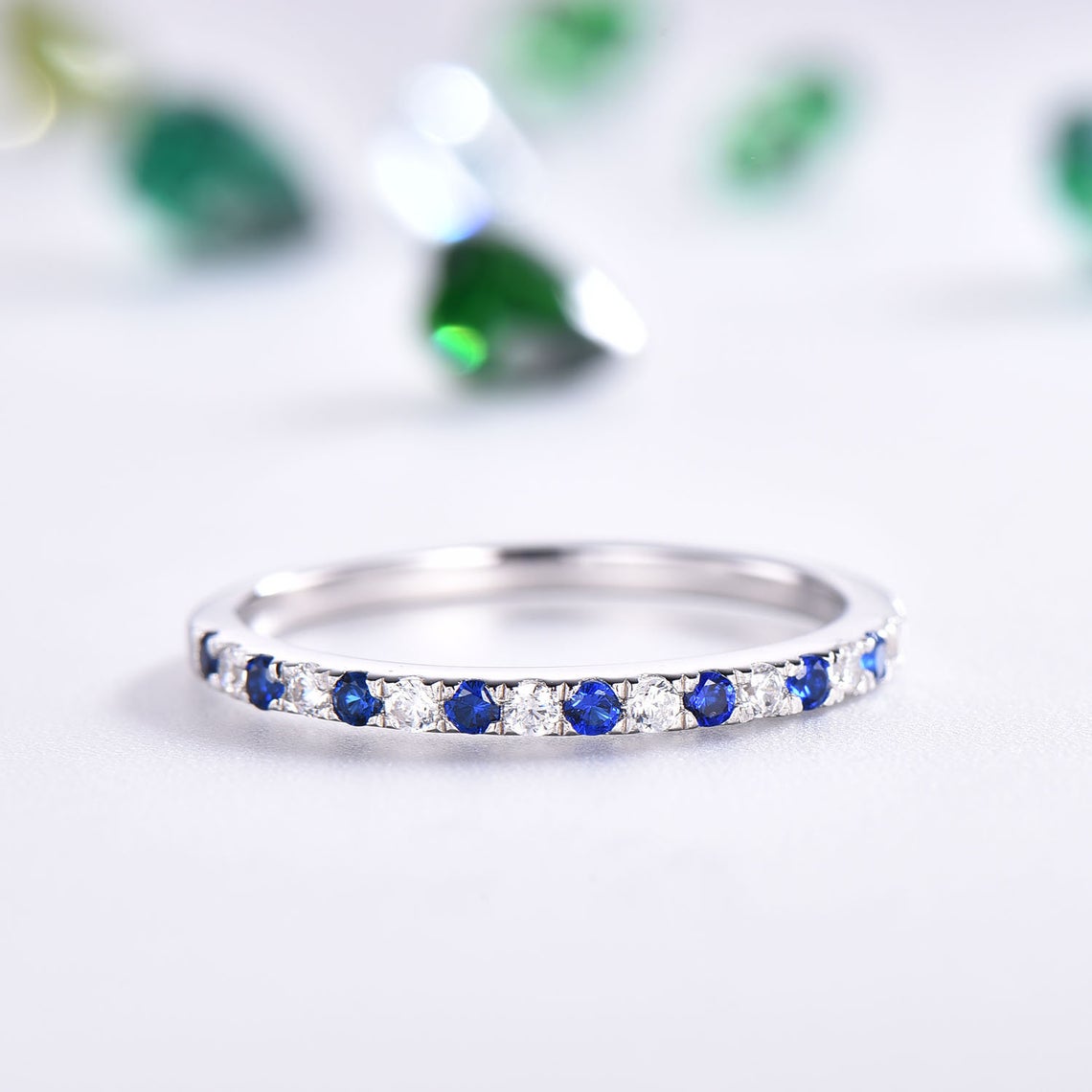 1.20 Ct Round Cut Blue Sapphire & White CZ Half Eternity Engagement Band Ring In 925 Sterling Silver
