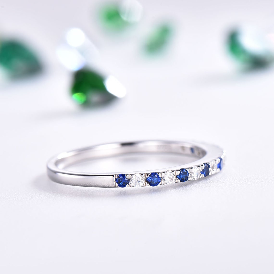 1.20 Ct Round Cut Blue Sapphire & White CZ Half Eternity Engagement Band Ring In 925 Sterling Silver
