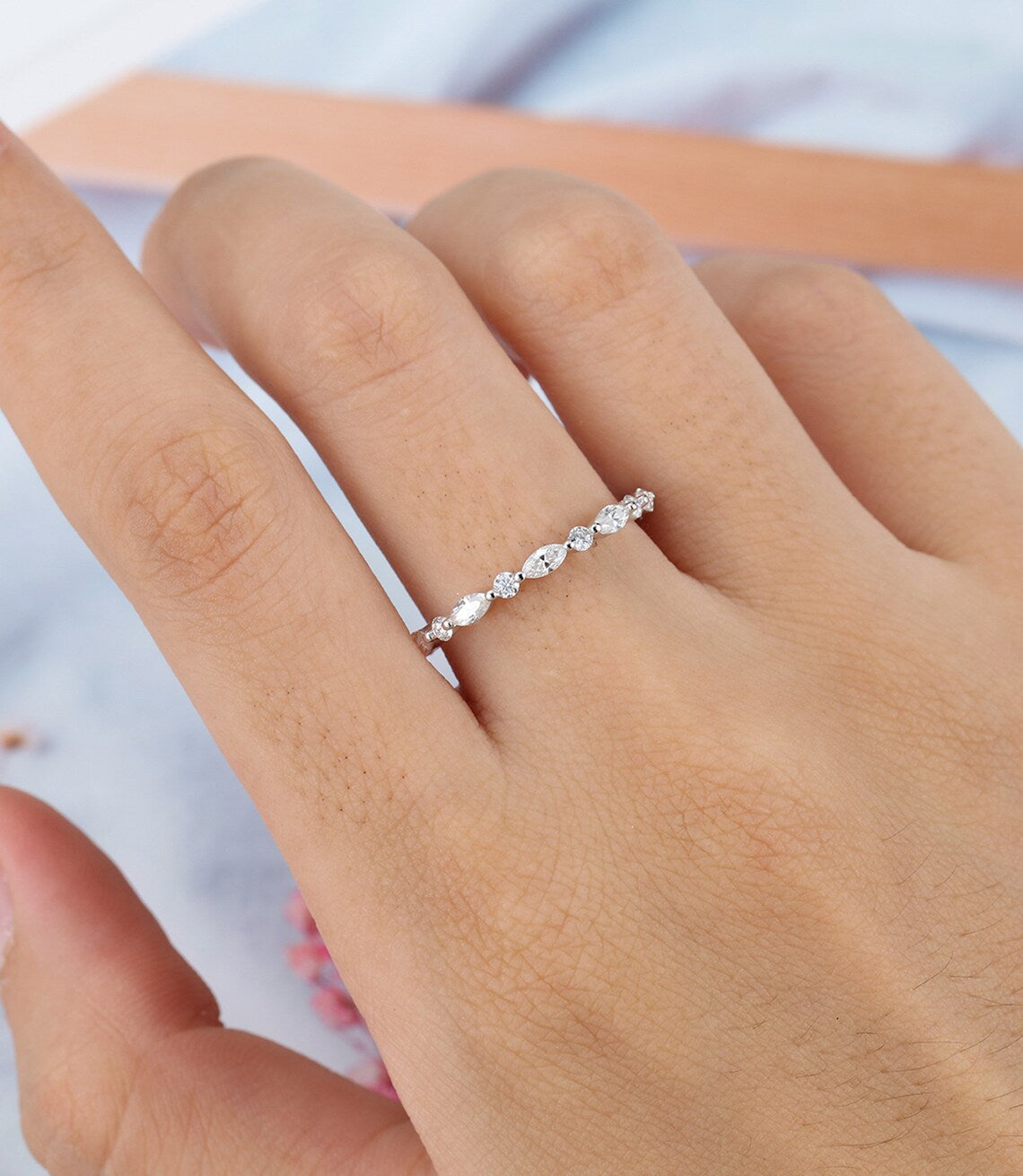 0.75 CT Marquise cut Diamond White Gold Over On 925 Sterling Silver Full Eternity Wedding Band Ring