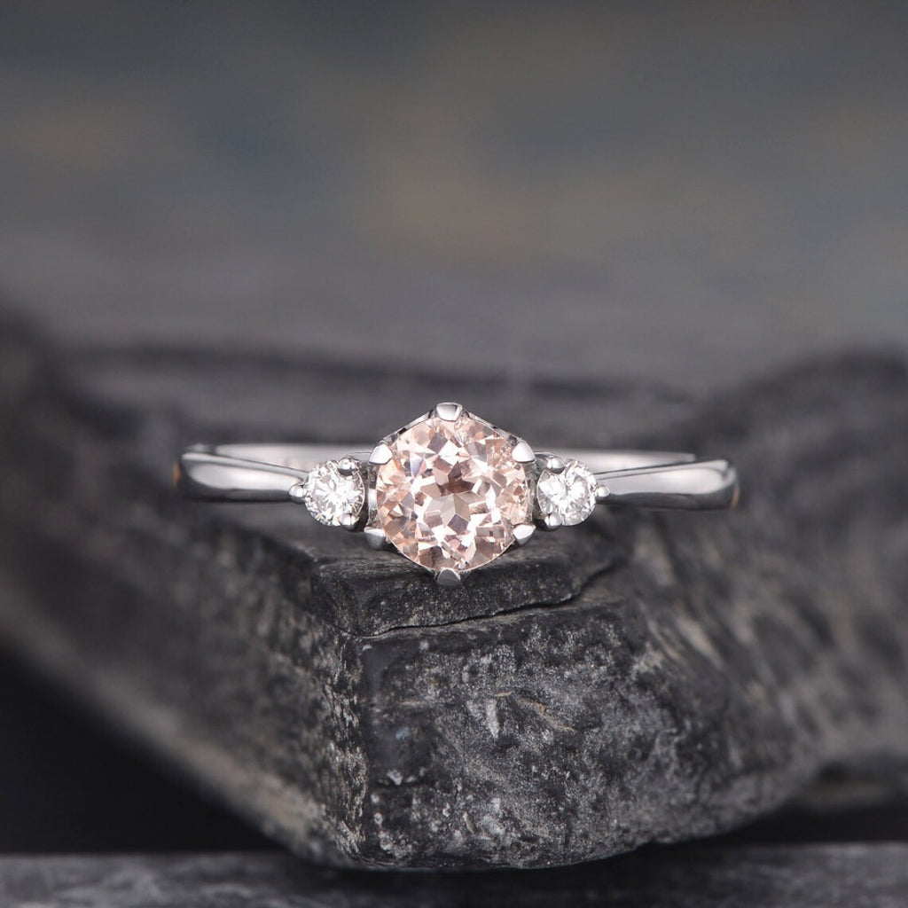 1.50 Ct Round Cut Peach Morganite Three-Stone Promise Ring In 925 Sterling Silver