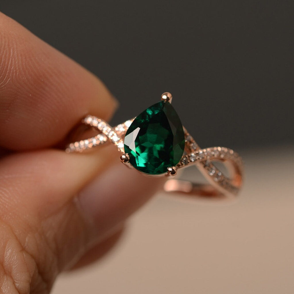 2.10 Ct Pear Cut Green Emerald Rose Gold Over On 925 Sterling Silver Infinity Anniversary Ring