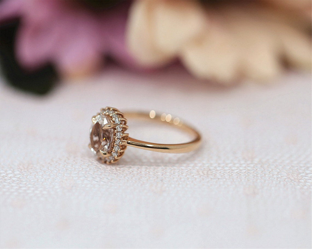 1 CT Oval Cut Morganite Diamond Yellow Gold Over On 925 Sterling Silver Halo Engagement Ring