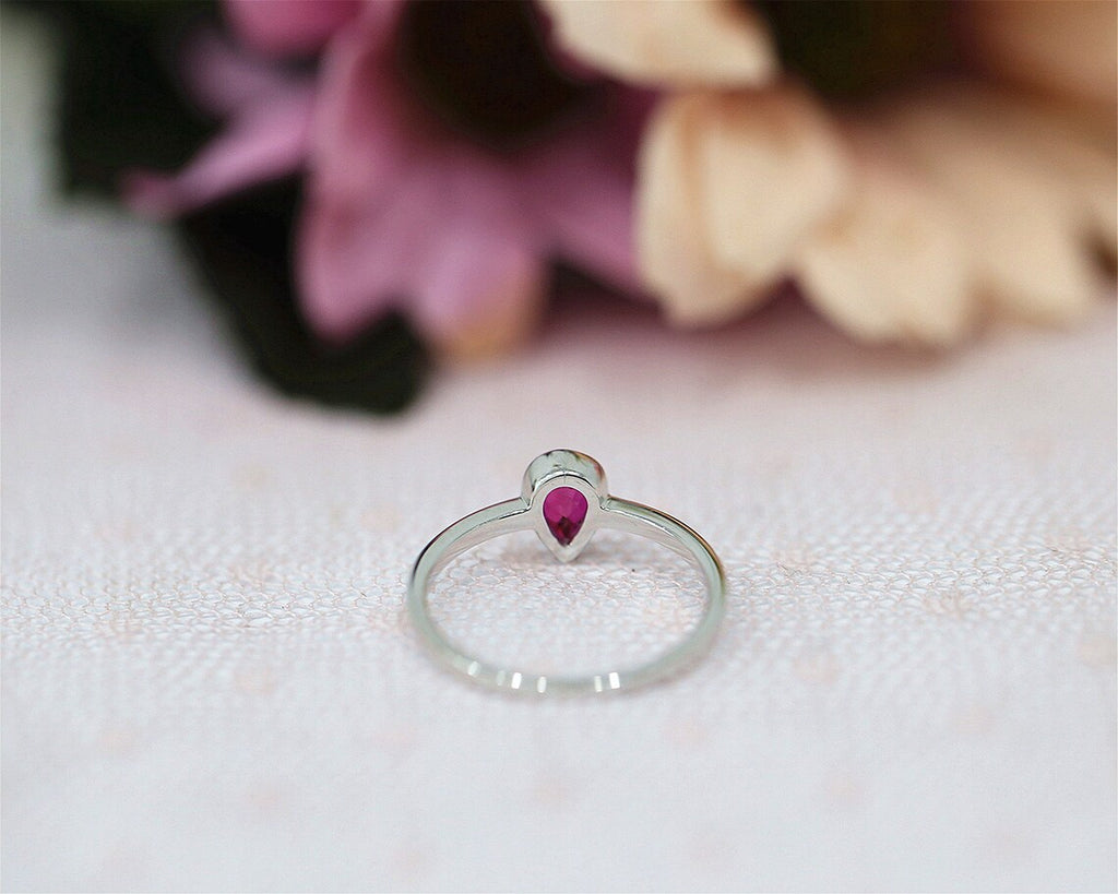 1.00 Ct Pear Cut Ruby 925 Sterling Silver Bezel Set Solitaire July Birthstone Ring