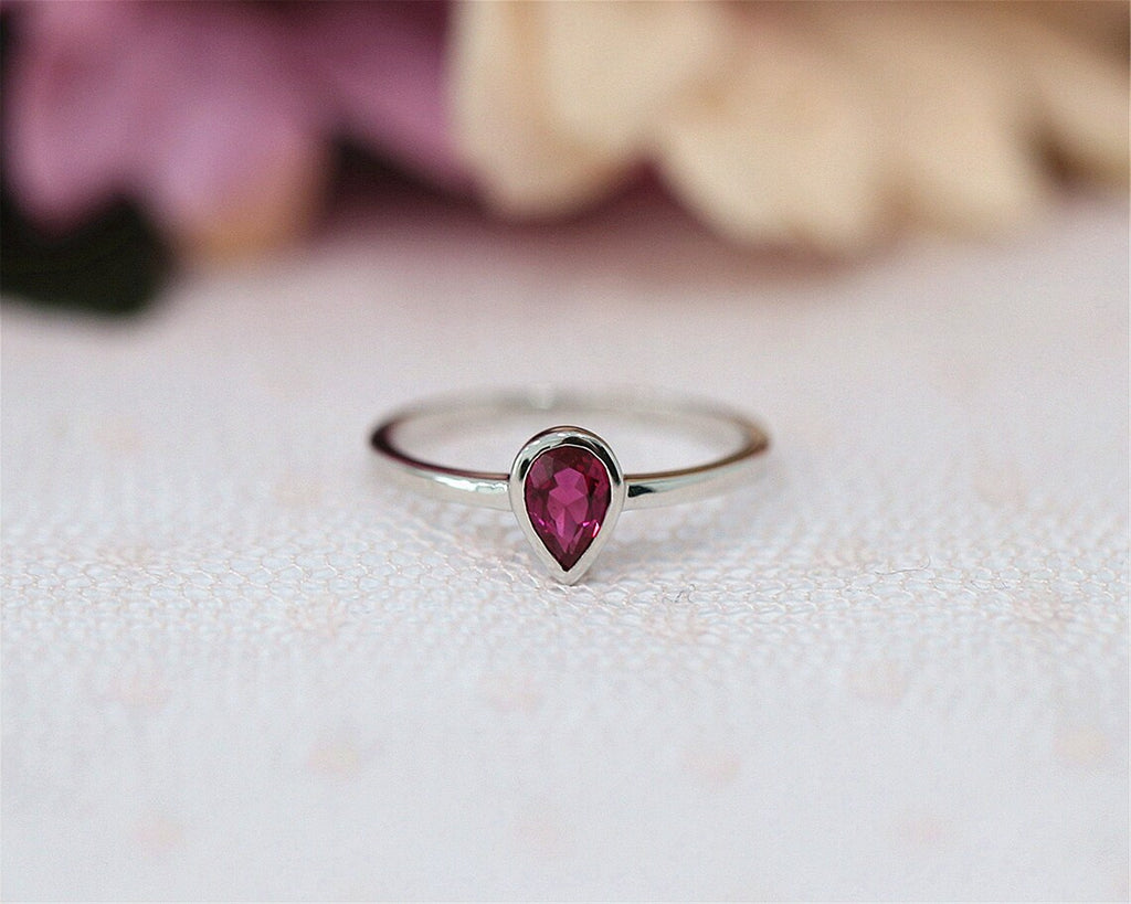 1.00 Ct Pear Cut Ruby 925 Sterling Silver Bezel Set Solitaire July Birthstone Ring