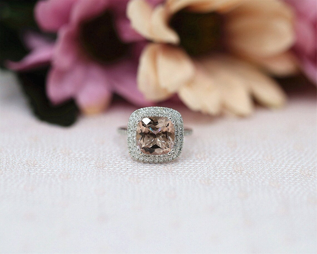 3.10 Ct Cushion Cut Peach Morganite 925 Sterling Silver Double Halo Engagement Wedding Ring