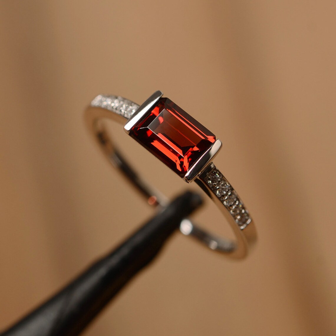 1.30 Ct Emerald Cut Red Garnet 925 Sterling Silver Solitaire W/Accents Engagement Ring